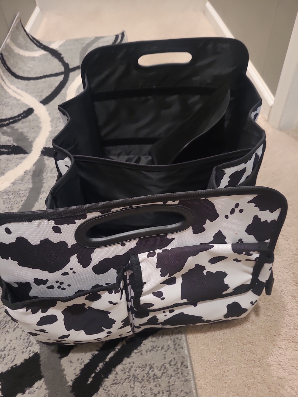 Black & White Cow Print Organizer Tote Bag for Cars
